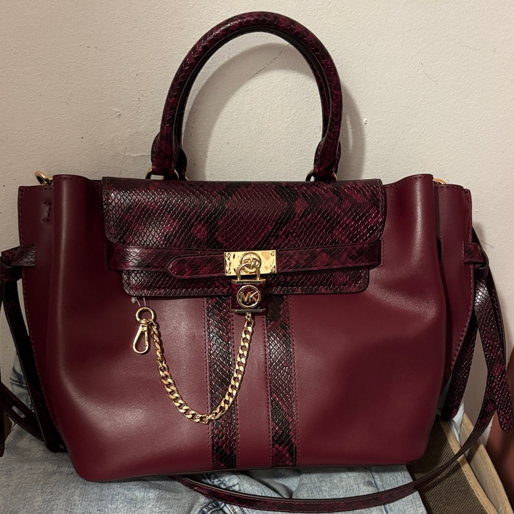 MICHAEL Michael Kors Burgundy Satchel with Gold Chain